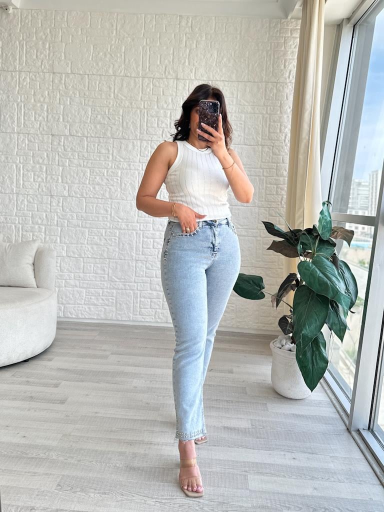 Lüks Kalite Cep Paça Taş Detay Buz Mavi Jean