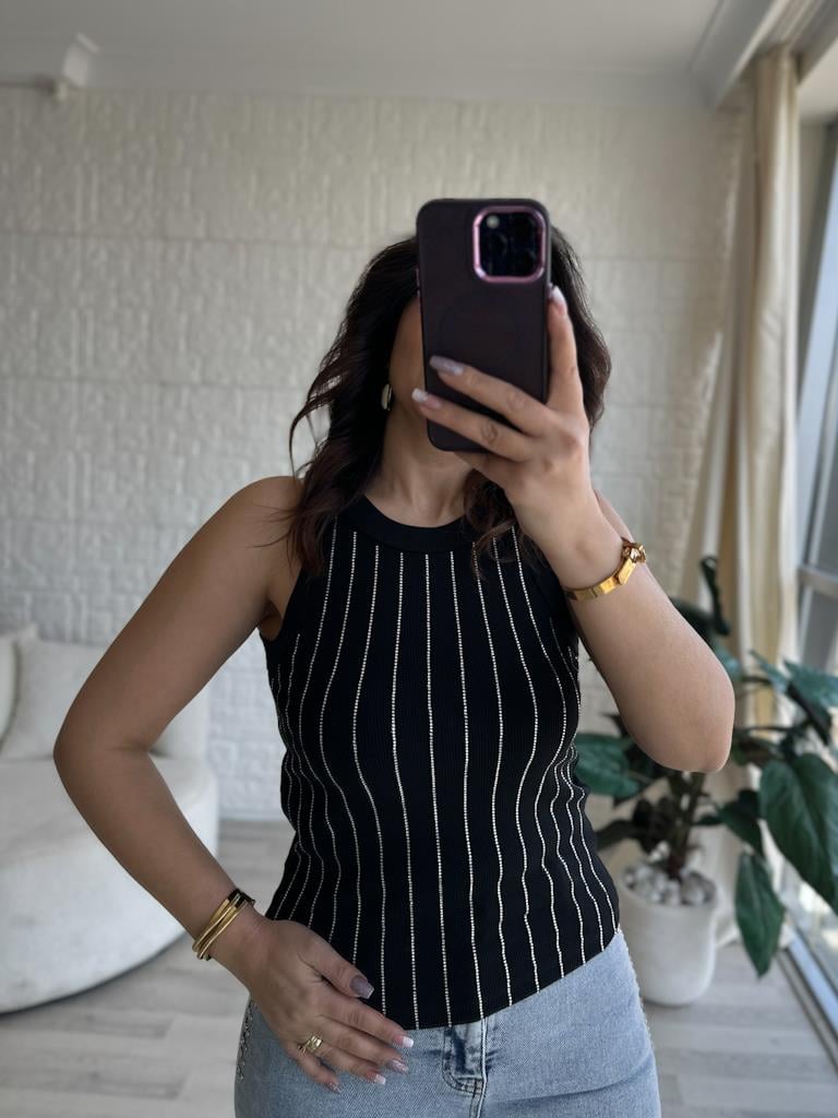 Lüks Kalite Halter Yaka Taş Baskılı Bluz Siyah
