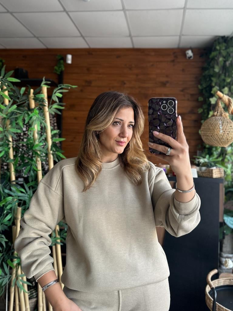 Lüks Kalite Omuzu Dikişli Oversize Basic Sweat Bej