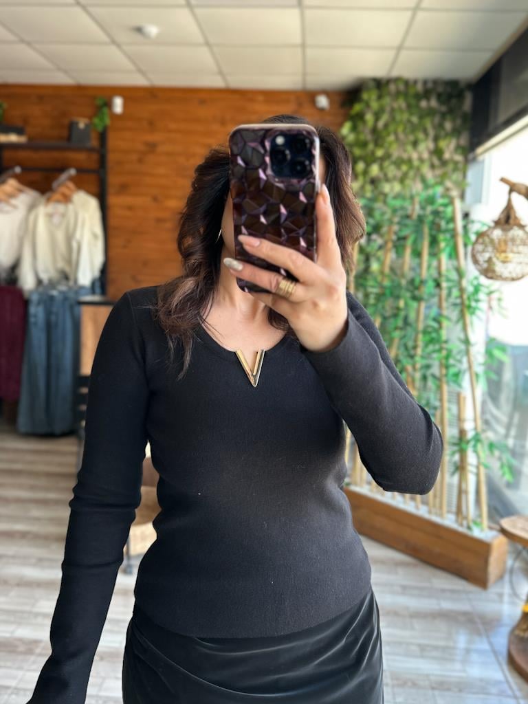Lüks Kalite V Demir Yaka Detay Triko  Bluz Siyah