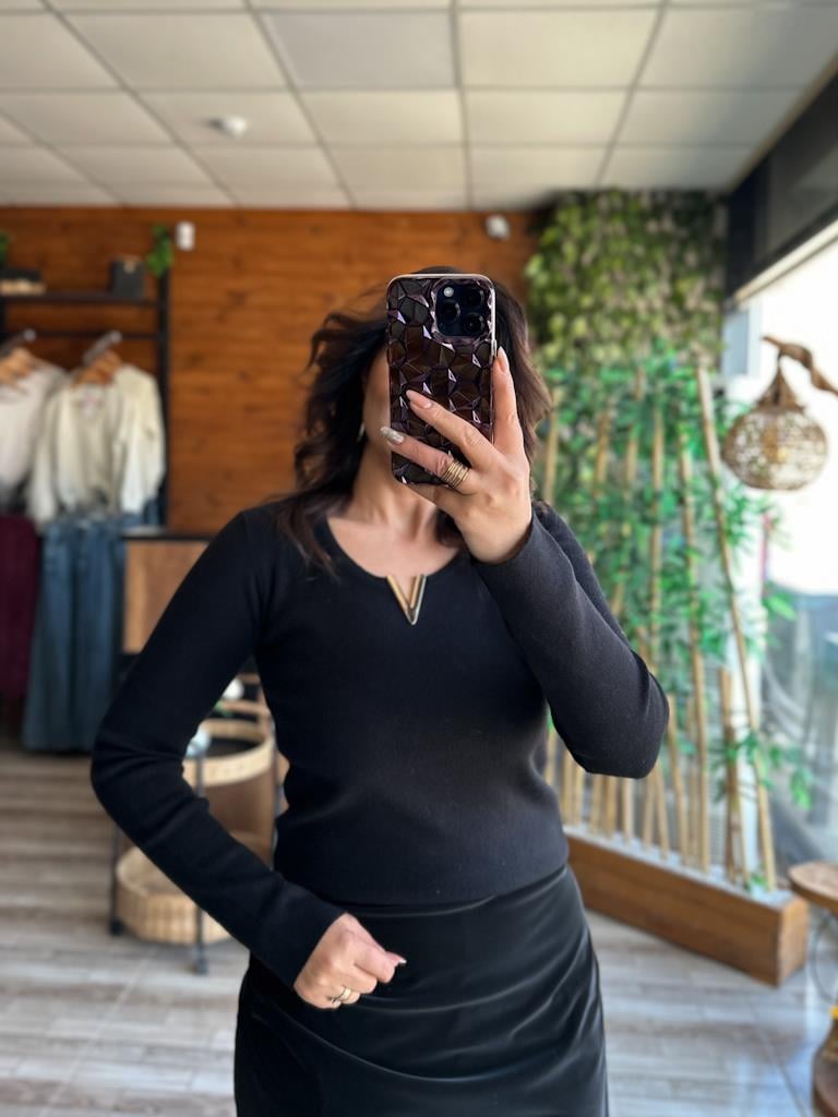 Lüks Kalite V Demir Yaka Detay Triko  Bluz Siyah