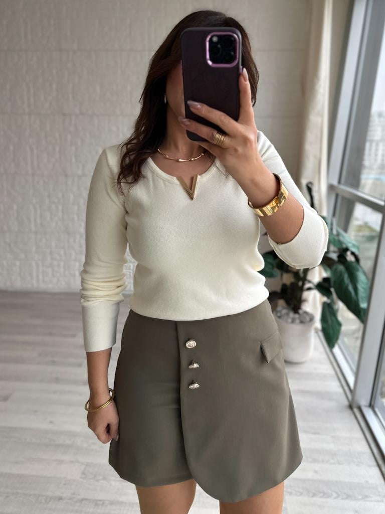 Marka Model Gold Düğmeli Şort Etek Haki Yeşil