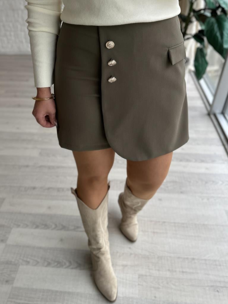 Marka Model Gold Düğmeli Şort Etek Haki Yeşil