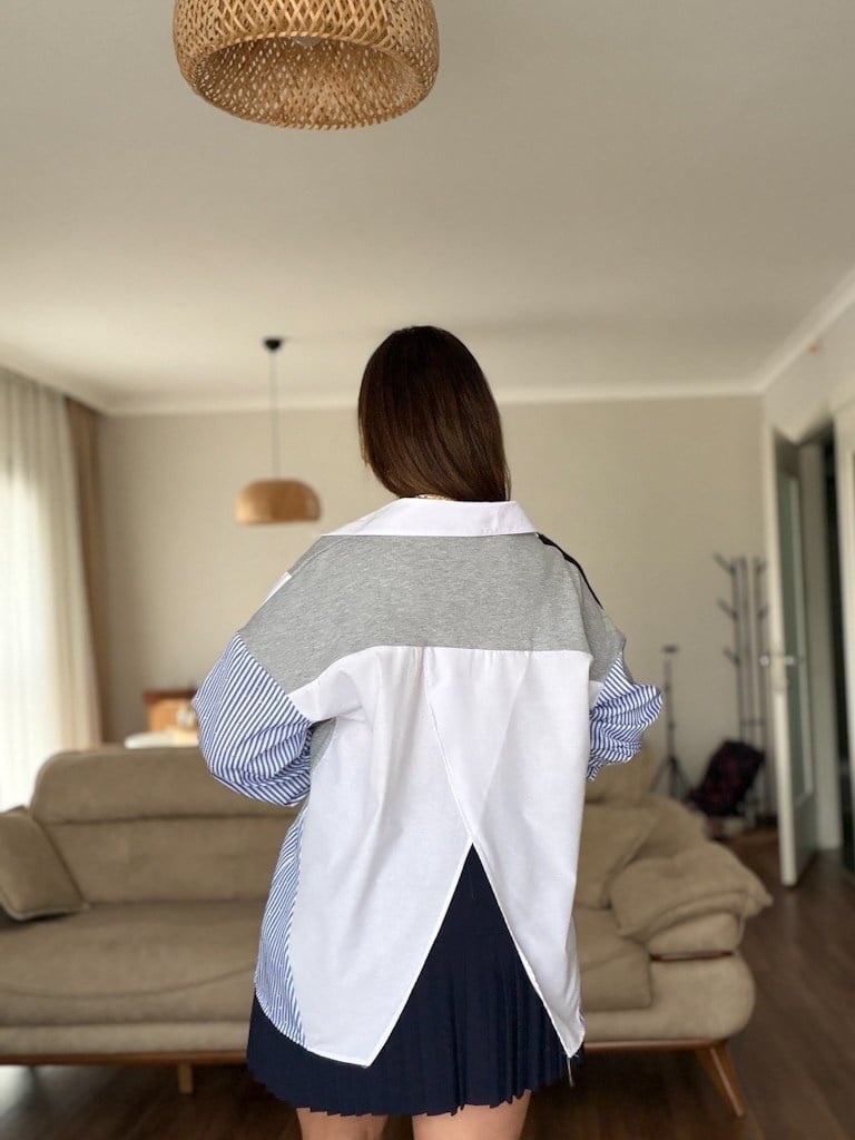 Marka Model Mavi Çizgili Taşlı Gömlek