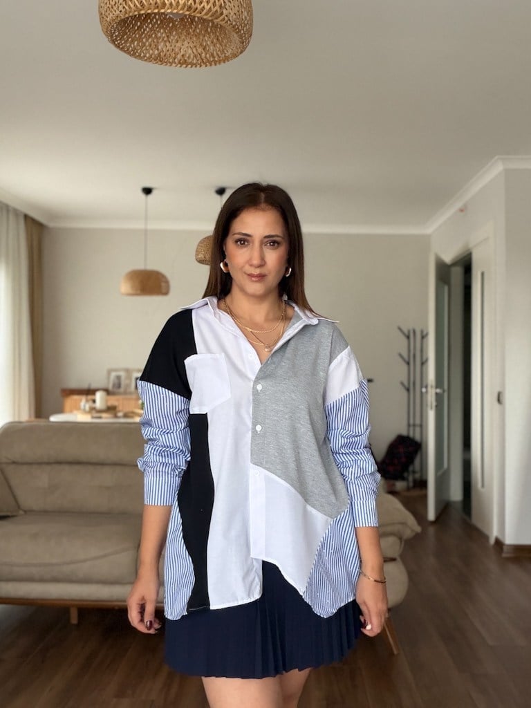 Marka Model Mavi Çizgili Taşlı Gömlek
