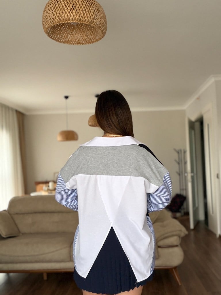 Marka Model Mavi Çizgili Taşlı Gömlek