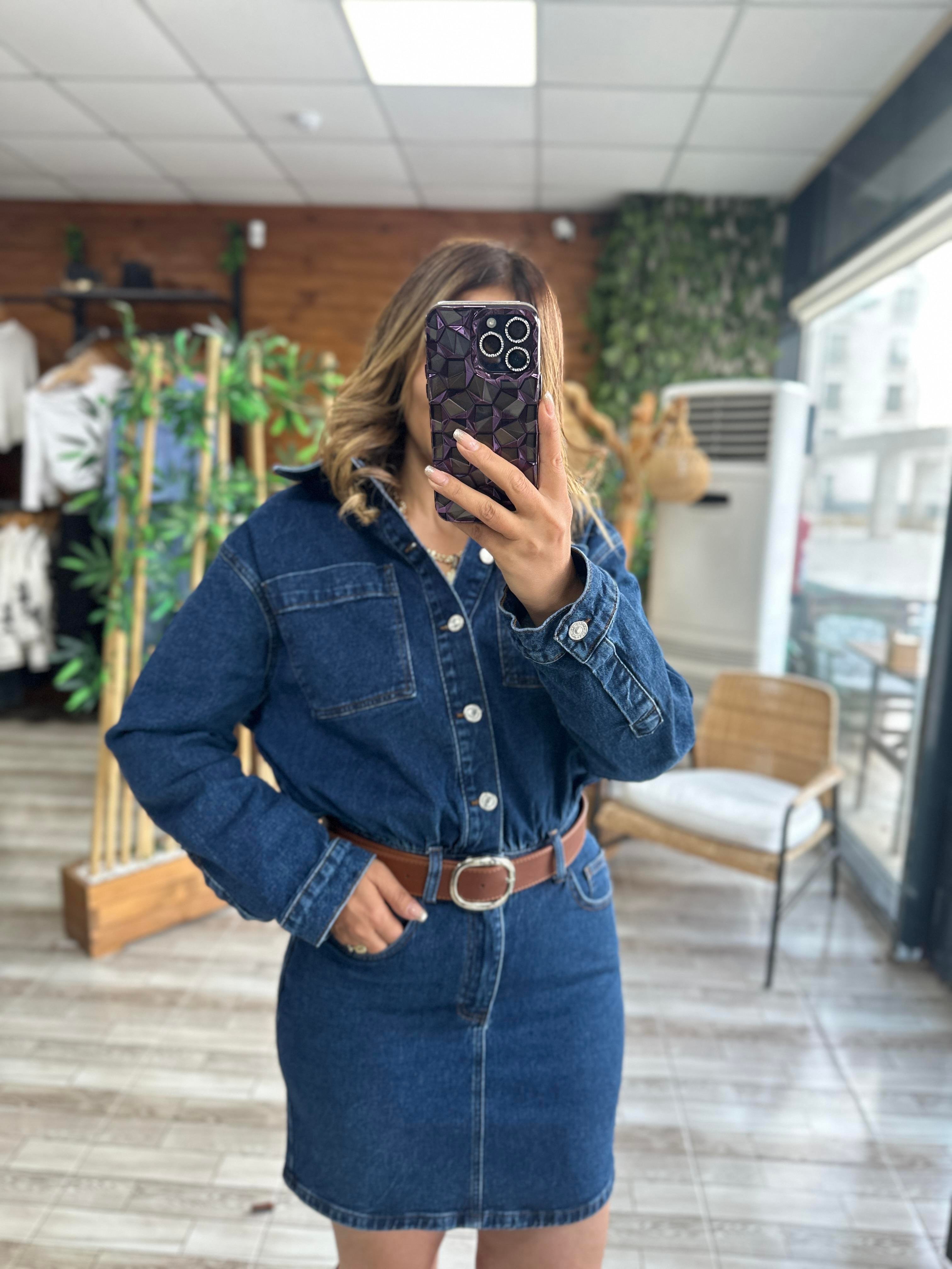 Marka Model Önü Düğmeli Jean Elbise