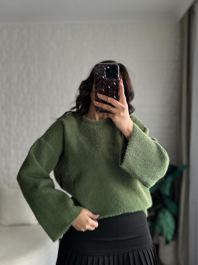 Marka Model Premium Oversize Yumoş Kazak Yeşil