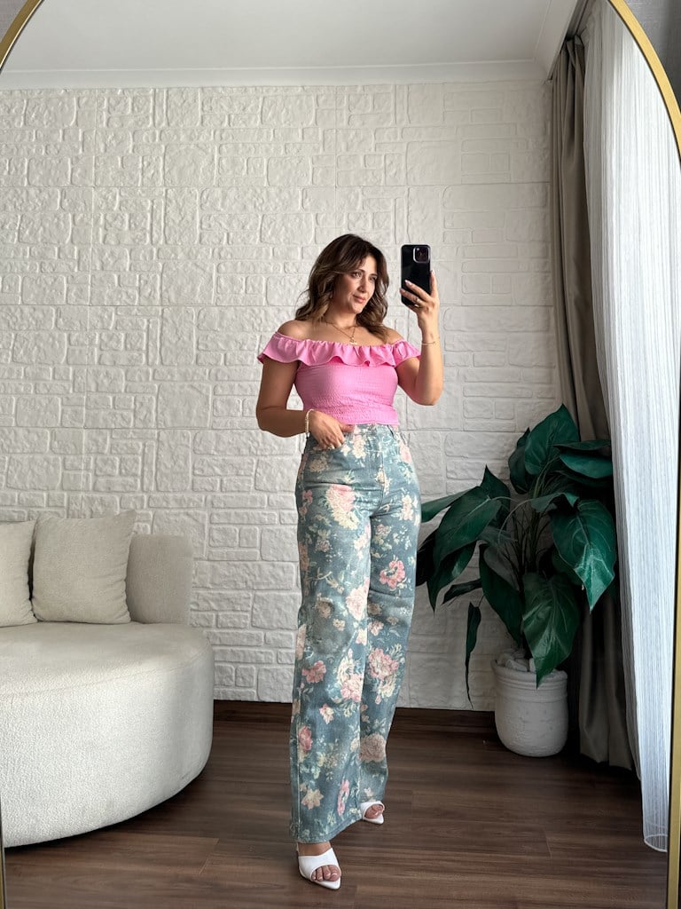 Mavi Çiçek Desenli Jean Pantolon