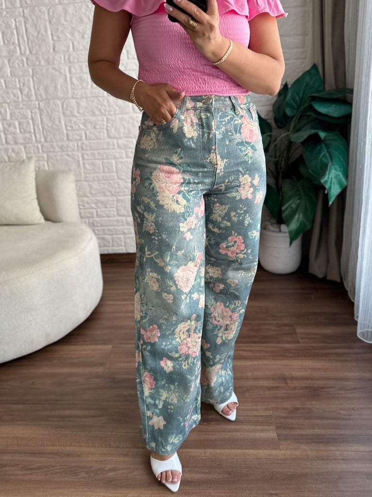 Mavi Çiçek Desenli Jean Pantolon