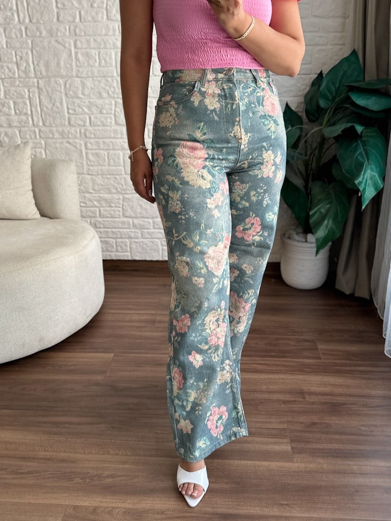 Mavi Çiçek Desenli Jean Pantolon