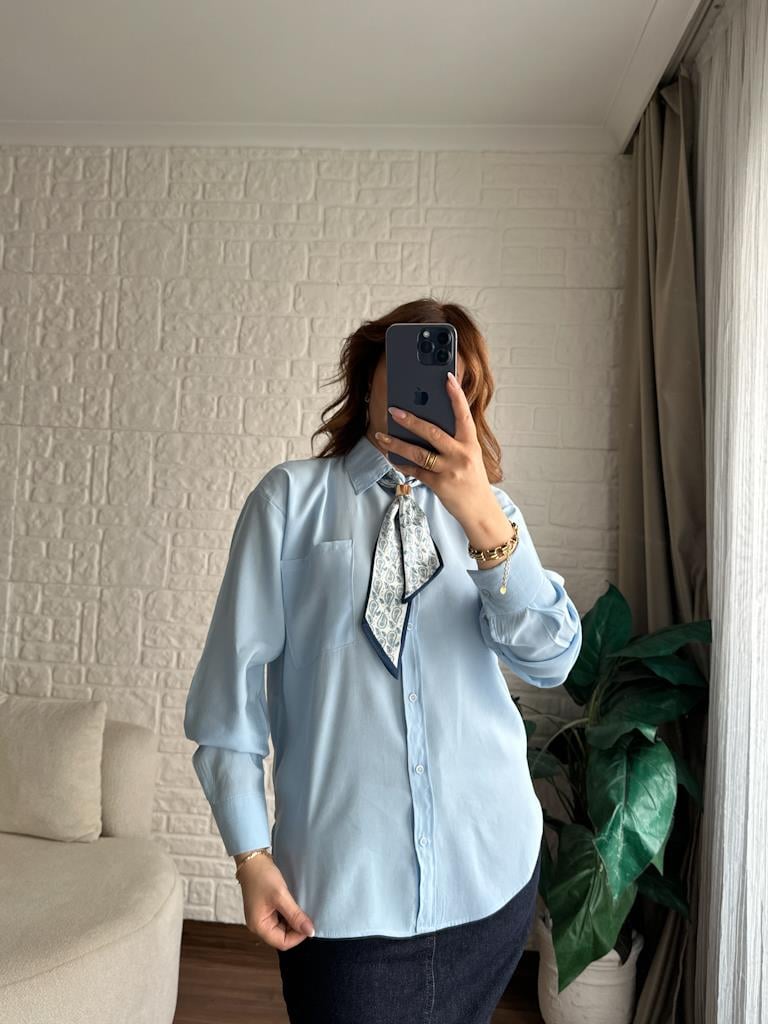 Mavi  Fular Detaylı Salaş Gömlek