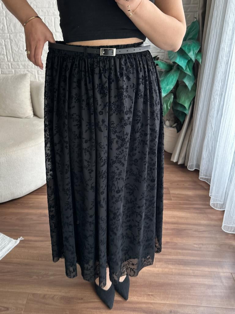 Maxi Boy Beli Lastikli Kemerli Kadife Desenli Etek Siyah