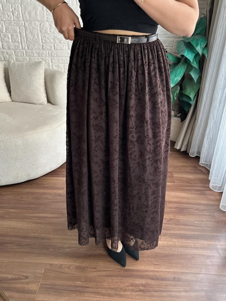 Maxi Boy Beli Lastikli Kemerli Kadife Desenli Etek Kahverengi