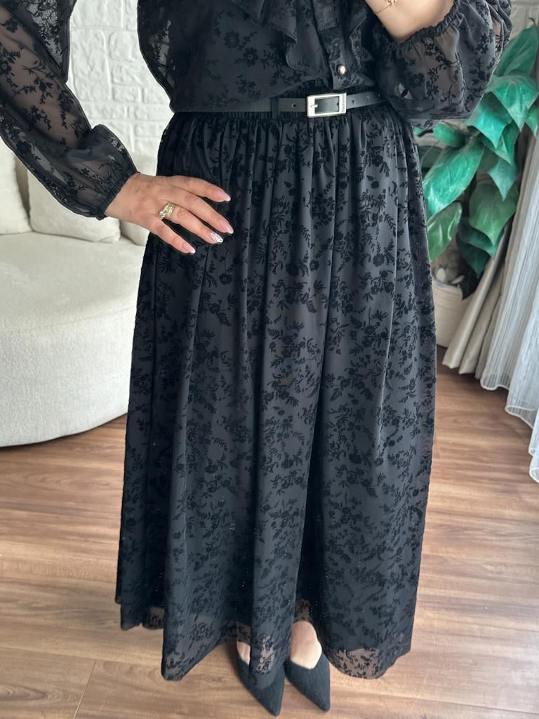 Maxi Boy Beli Lastikli Kemerli Kadife Desenli Etek Siyah
