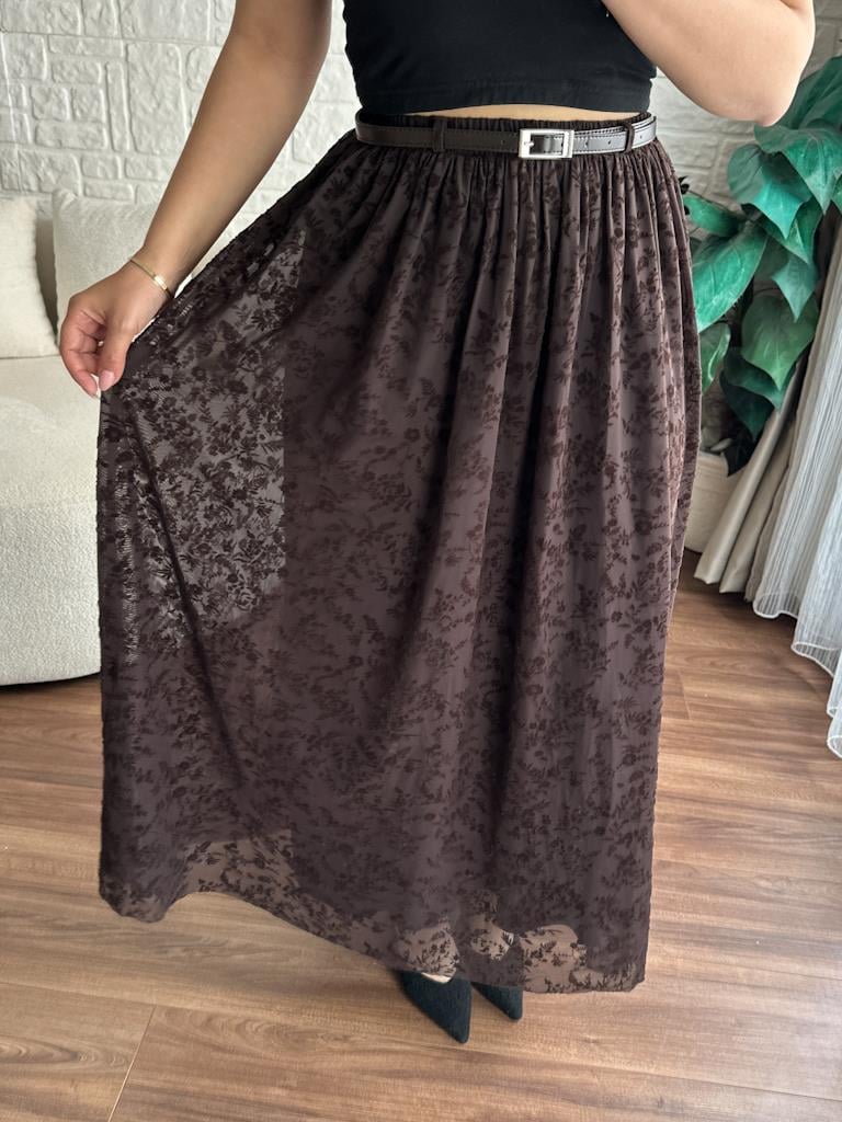 Maxi Boy Beli Lastikli Kemerli Kadife Desenli Etek Kahverengi