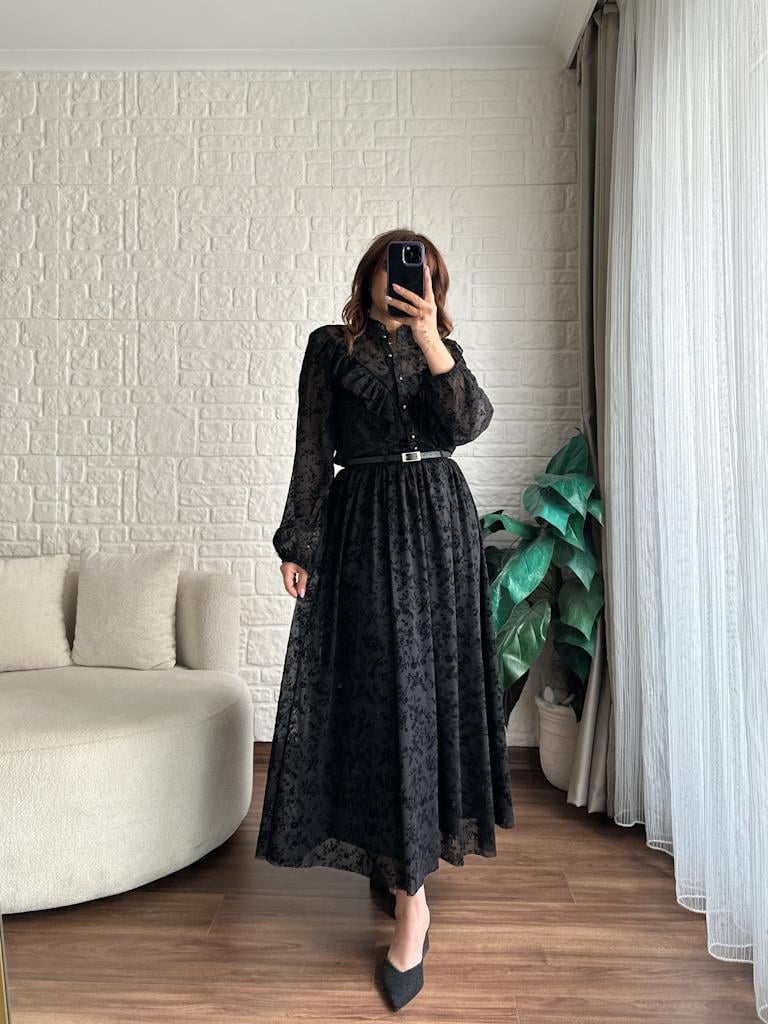 Maxi Boy Beli Lastikli Kemerli Kadife Desenli Etek Siyah