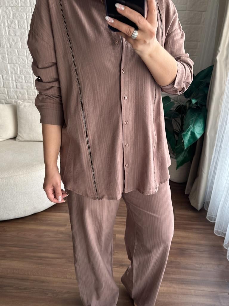 Merdiven Şeritli Keten Gömlek Pantolon Takım Kahve
