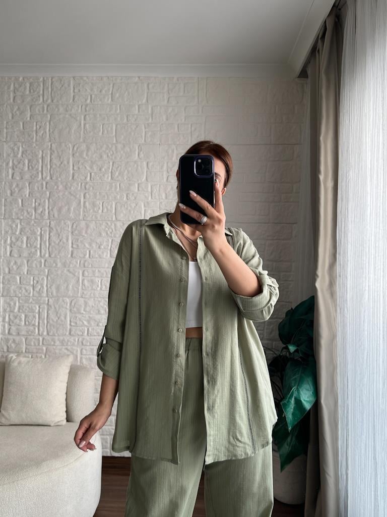 Merdiven Şeritli Keten Gömlek Pantolon Takım Haki