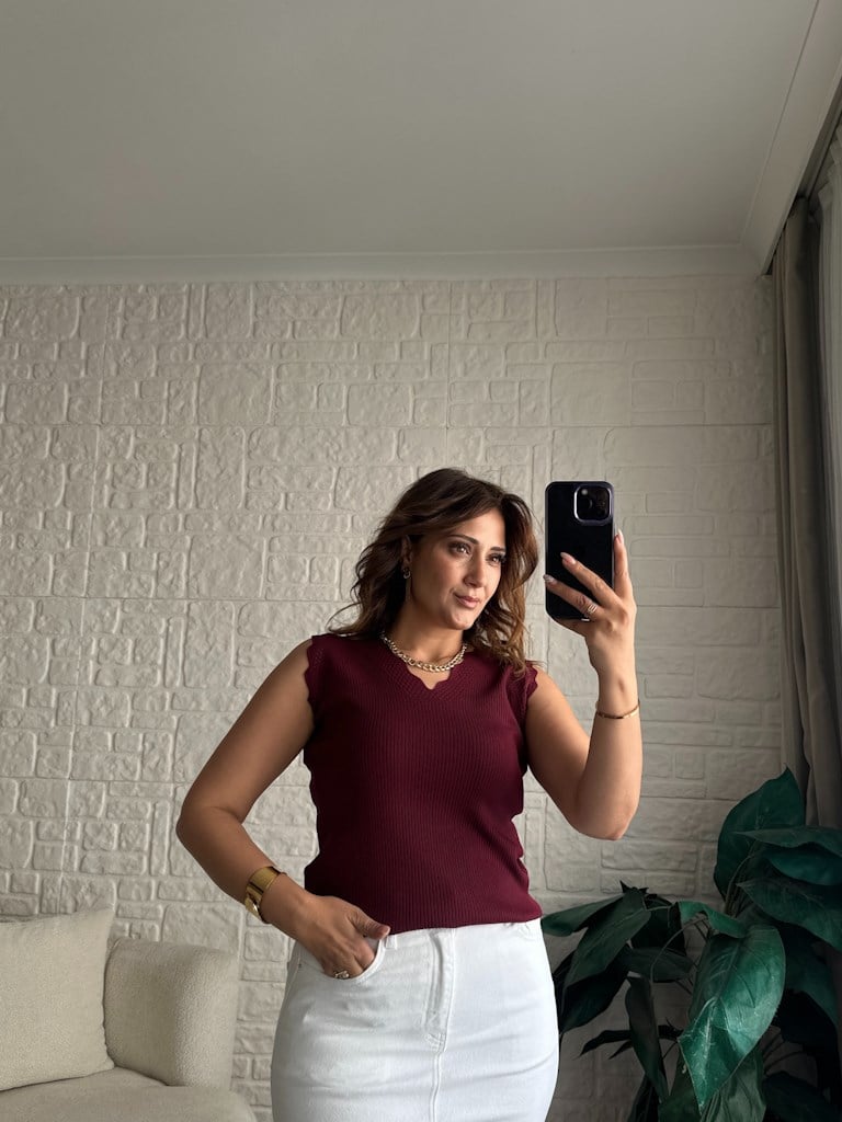 Merdiven Yaka Ajur Desenli Full Likralı Triko Bluz Bordo