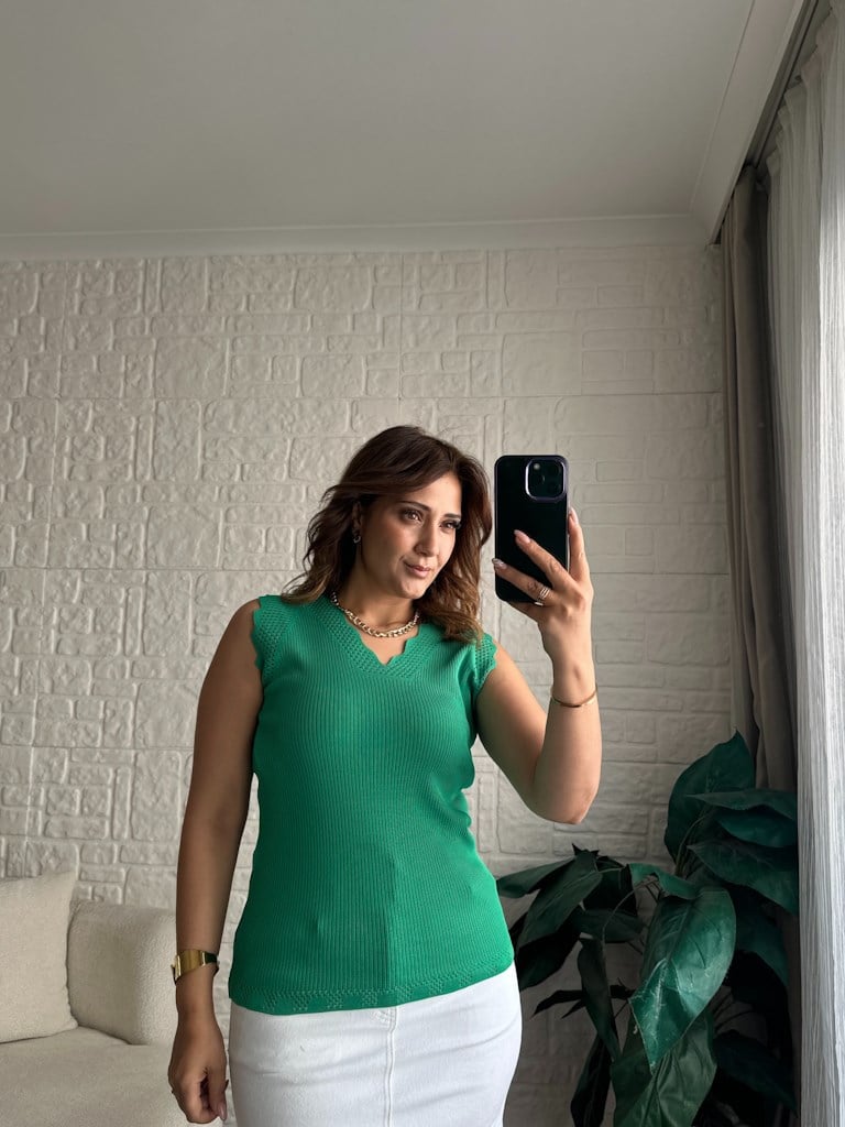 Merdiven Yaka Ajur Desenli Full Likralı Triko Bluz Yeşil