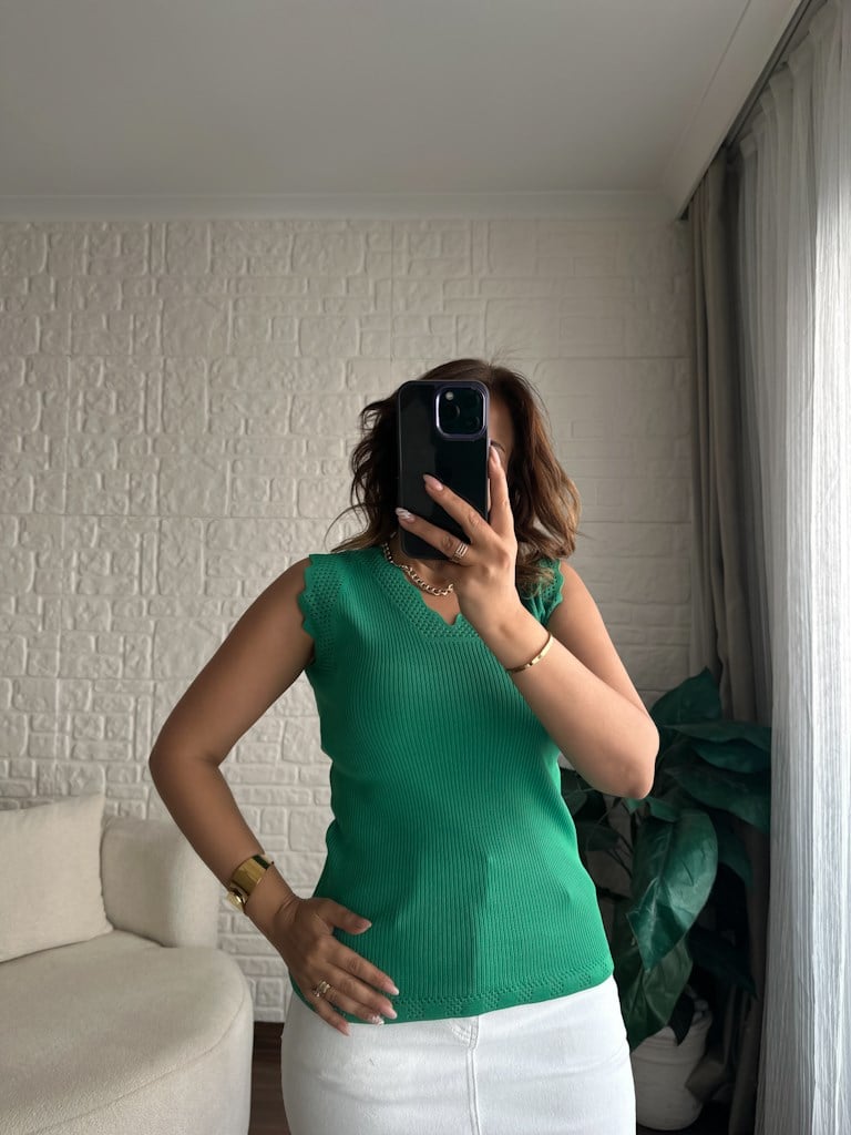 Merdiven Yaka Ajur Desenli Full Likralı Triko Bluz Yeşil