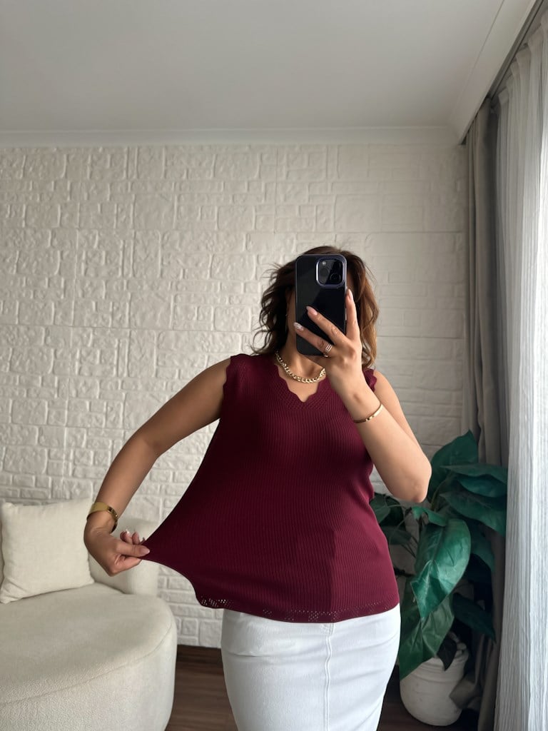 Merdiven Yaka Ajur Desenli Full Likralı Triko Bluz Bordo