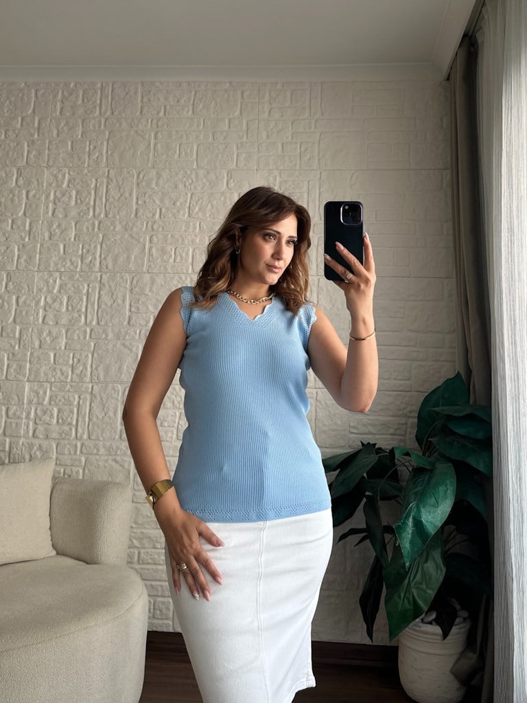 Merdiven Yaka Ajur Desenli Full Likralı Triko Bluz Bebe Mavi