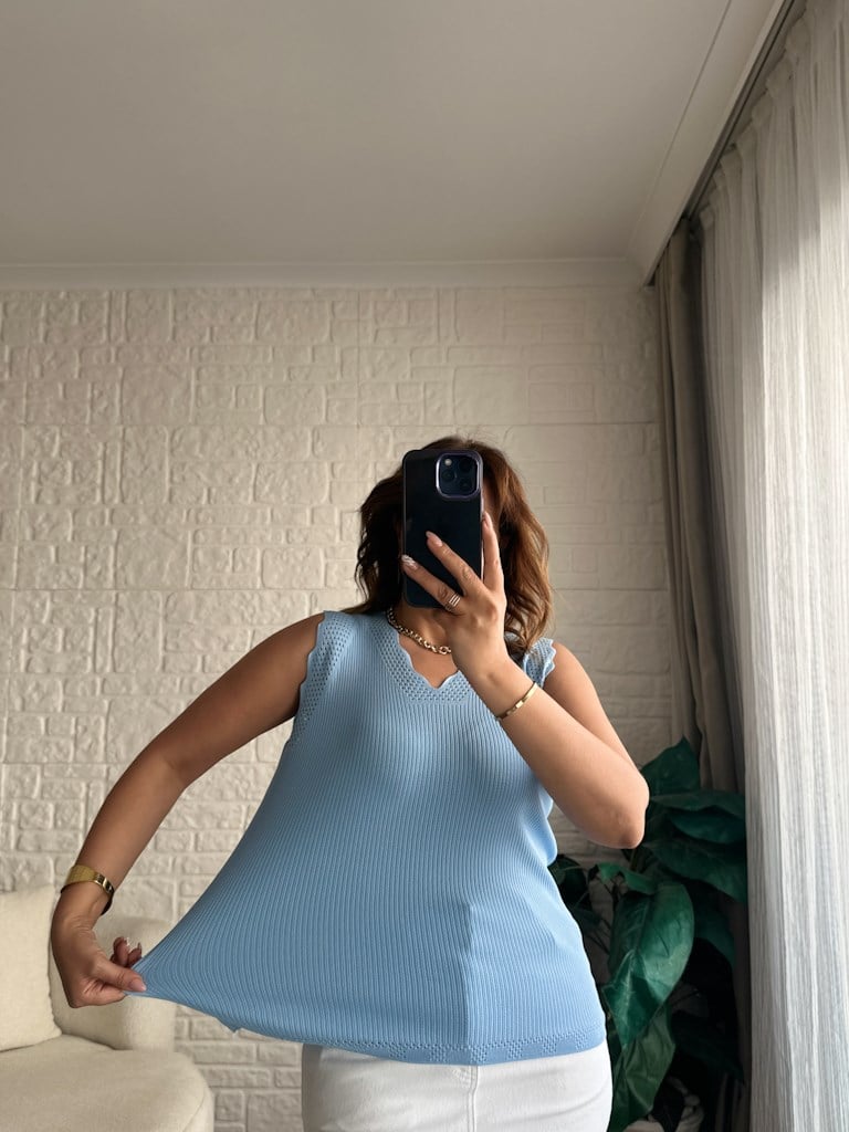 Merdiven Yaka Ajur Desenli Full Likralı Triko Bluz Bebe Mavi