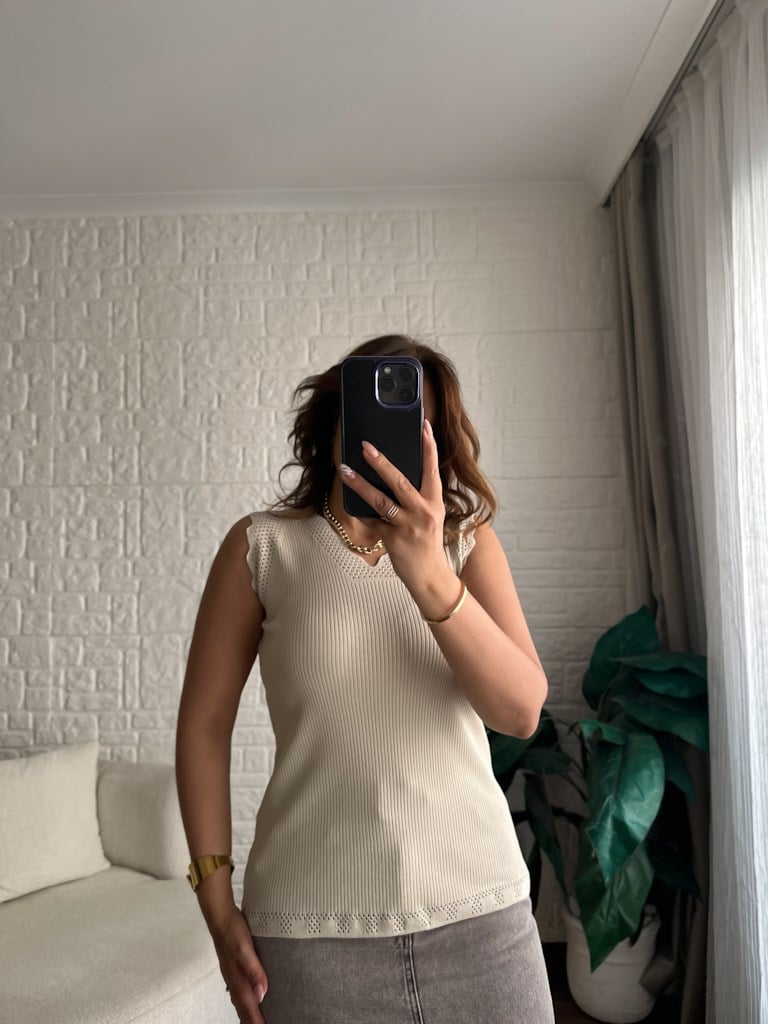 Merdiven Yaka Ajur Desenli Full Likralı Triko Bluz Bej