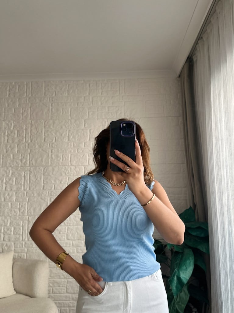 Merdiven Yaka Ajur Desenli Full Likralı Triko Bluz Bebe Mavi