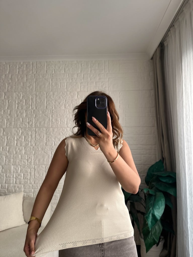 Merdiven Yaka Ajur Desenli Full Likralı Triko Bluz Bej
