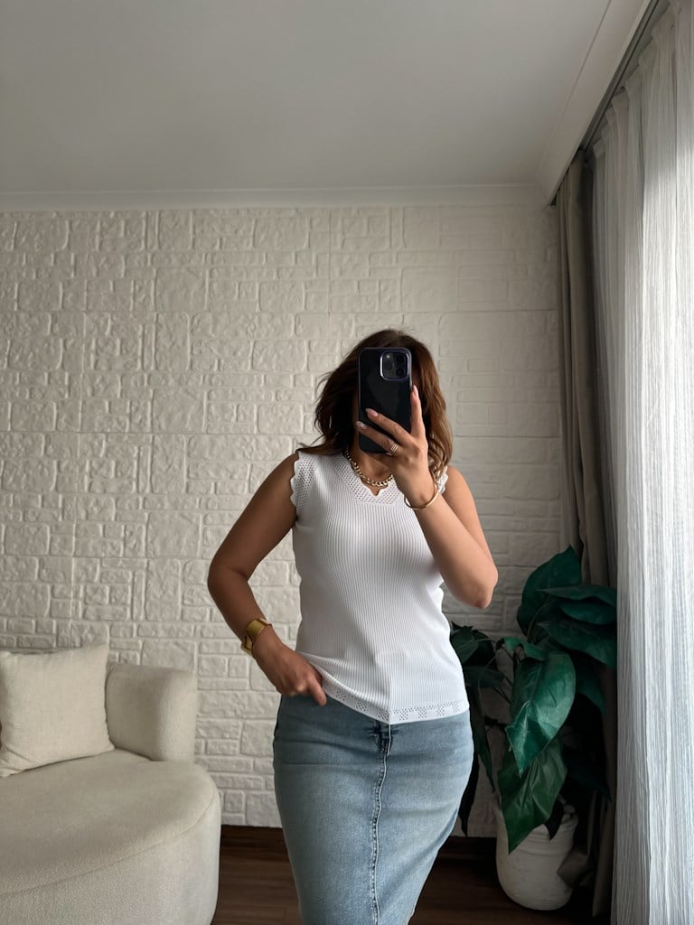 Merdiven Yaka Ajur Desenli Full Likralı Triko Bluz Beyaz