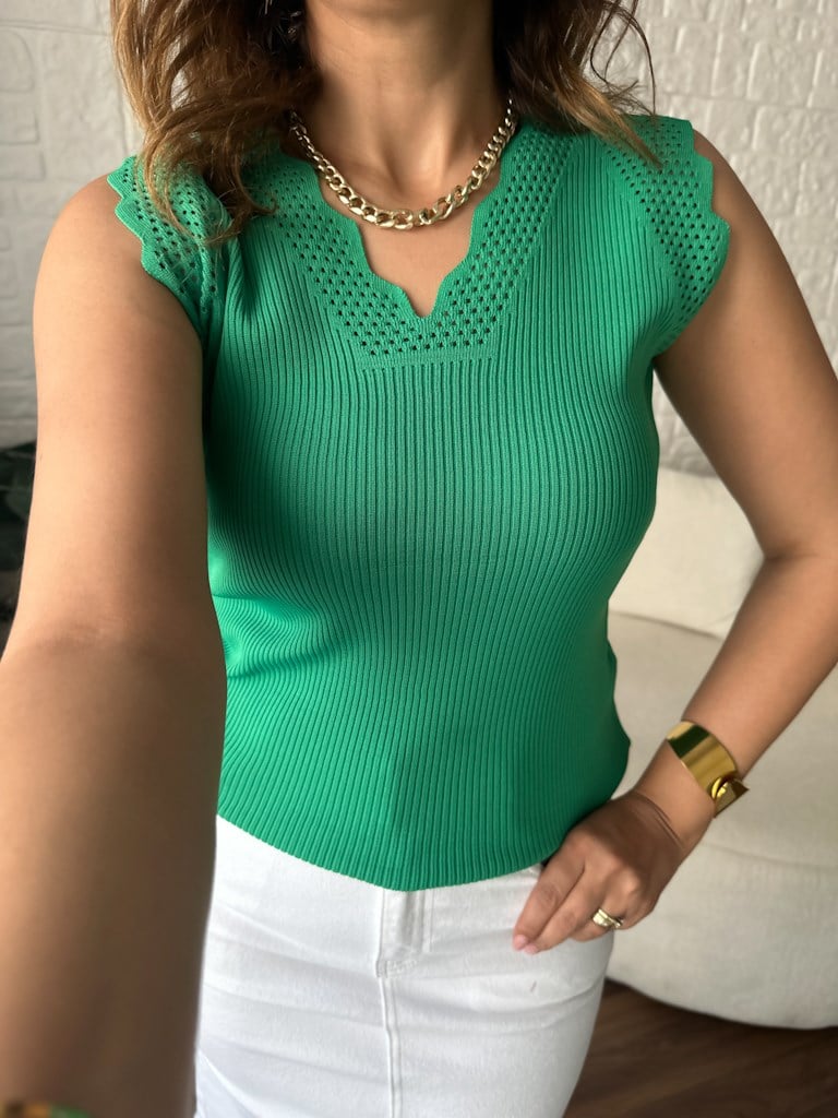 Merdiven Yaka Ajur Desenli Full Likralı Triko Bluz Yeşil