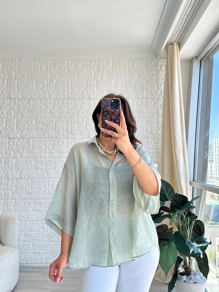 Mİnt Yeşil Oversize Kısa Kol Transparan Tül Gömlek