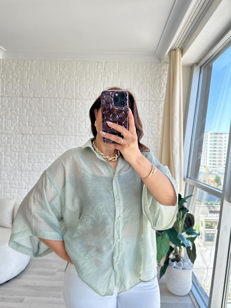 Mİnt Yeşil Oversize Kısa Kol Transparan Tül Gömlek