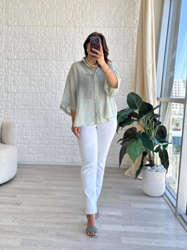 Mİnt Yeşil Oversize Kısa Kol Transparan Tül Gömlek