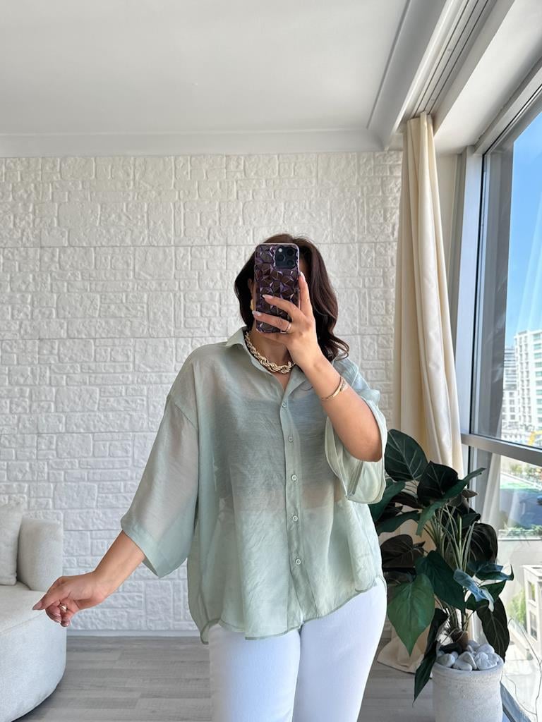 Mİnt Yeşil Oversize Kısa Kol Transparan Tül Gömlek
