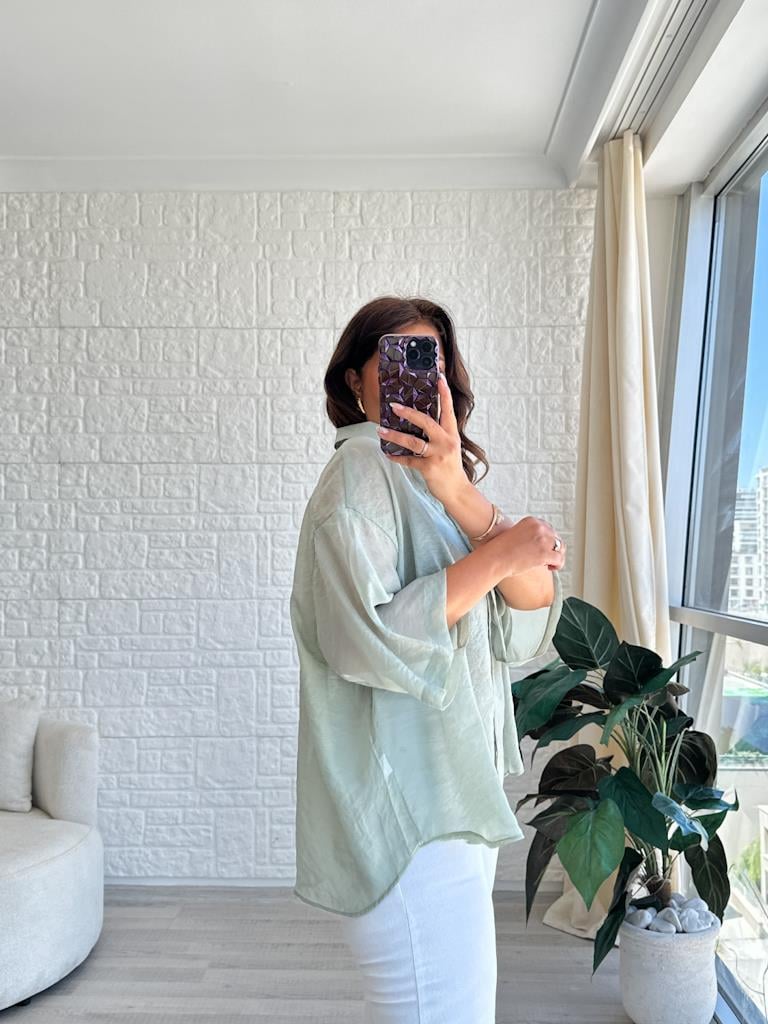 Mİnt Yeşil Oversize Kısa Kol Transparan Tül Gömlek