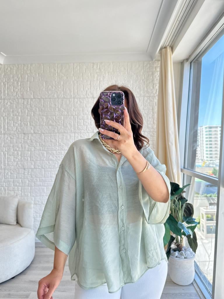 Mİnt Yeşil Oversize Kısa Kol Transparan Tül Gömlek