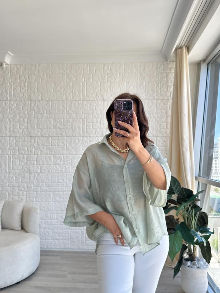 Mİnt Yeşil Oversize Kısa Kol Transparan Tül Gömlek