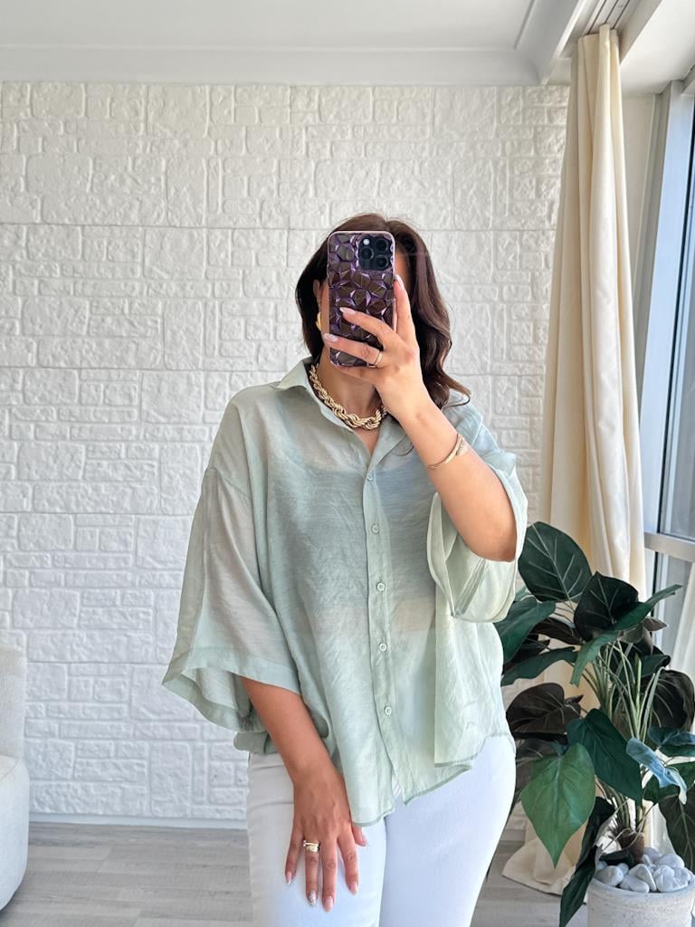 Mİnt Yeşil Oversize Kısa Kol Transparan Tül Gömlek