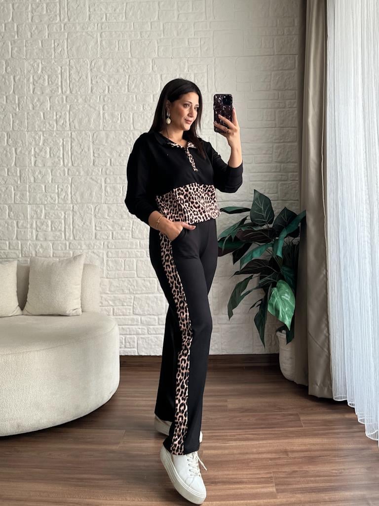 Modal Kumaş Kapşonlu Leopar Garnili Eşorman Takımı