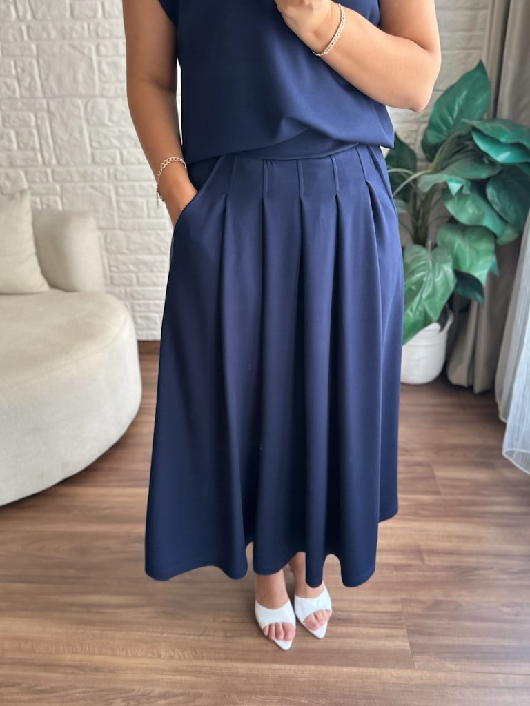 Modal Kumaş Vatkalı Etek Bluz Takım Lacivert