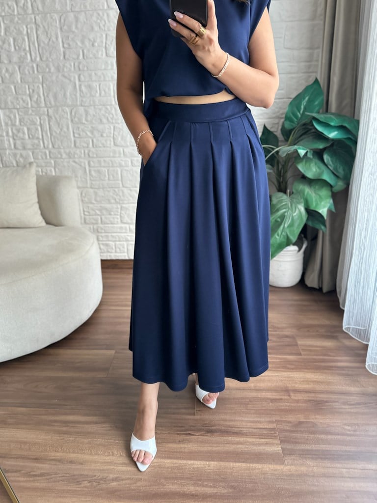 Modal Kumaş Vatkalı Etek Bluz Takım Lacivert