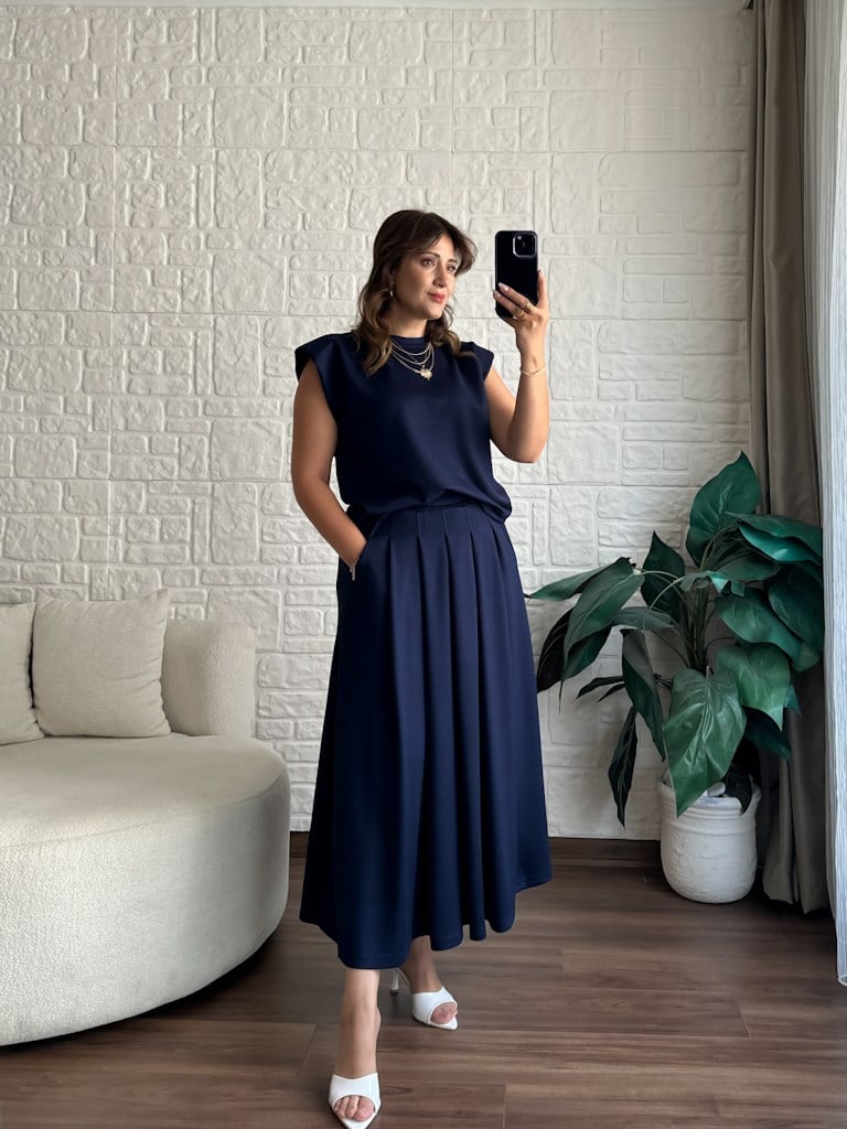 Modal Kumaş Vatkalı Etek Bluz Takım Lacivert