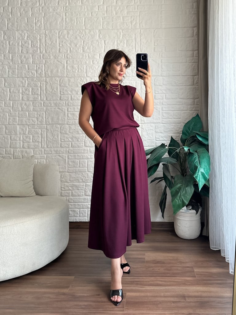 Modal Kumaş Vatkalı Etek Bluz Takım Mürdüm