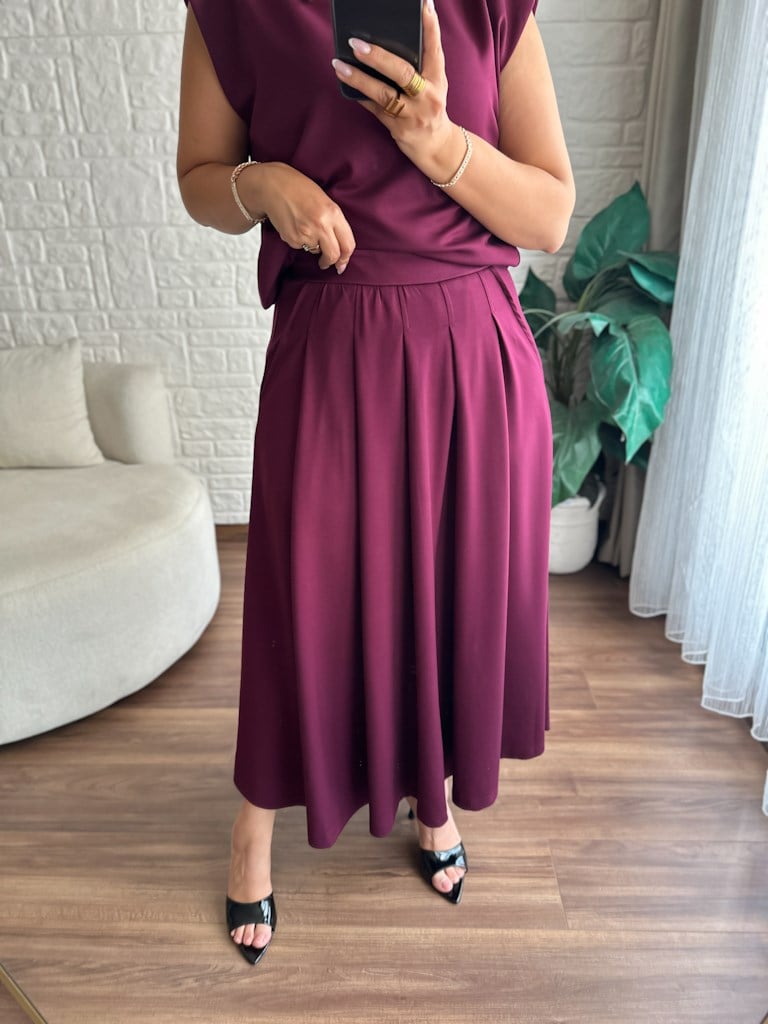 Modal Kumaş Vatkalı Etek Bluz Takım Mürdüm