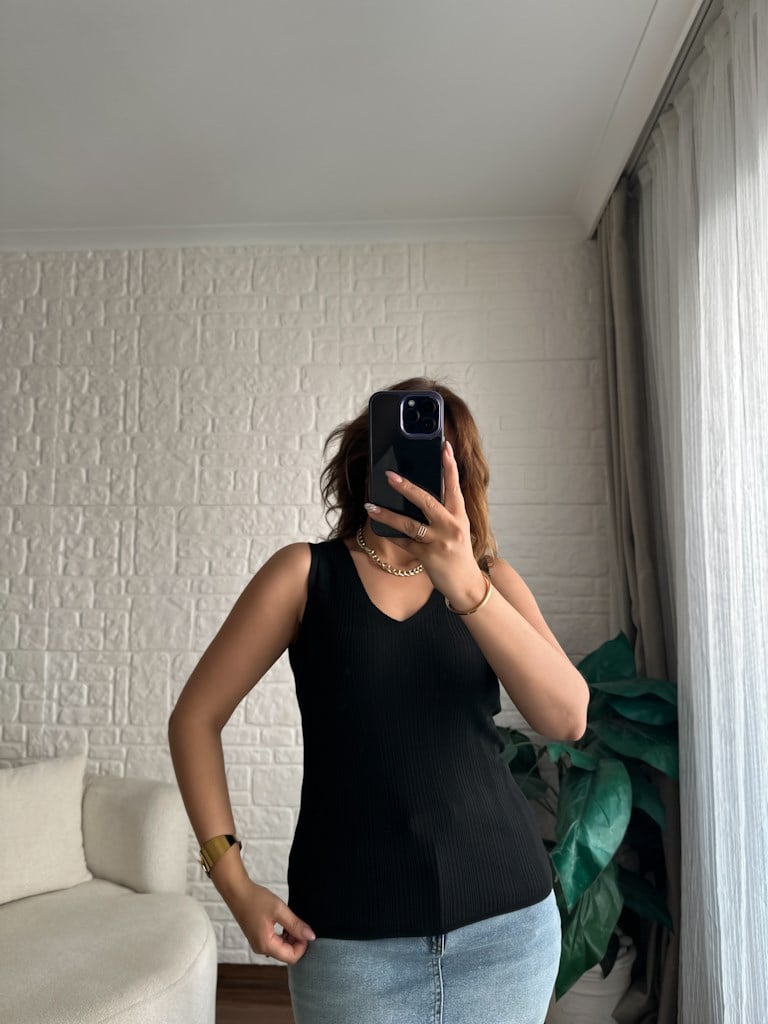 Modern V Yaka Fitilli Full Likralı Triko Siyah