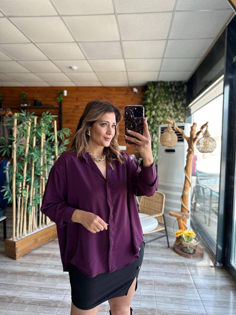 Mor Over Size İpek Krep Gömlek